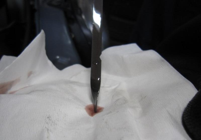 レベルゲージでオイル量を確認。オイルは規定量入っており、色は若干汚れている程度です。