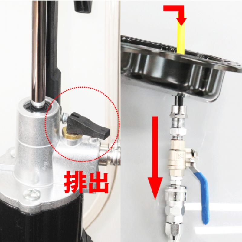 ◆フルード量調整時
エアバルブを横にすると、オーバーフロー分とホース内のフルードがタンクに戻ってくるため、ホースを外さずに油量の調整ができます。
※油量調整時は必ず設定温度で行って下さい。
